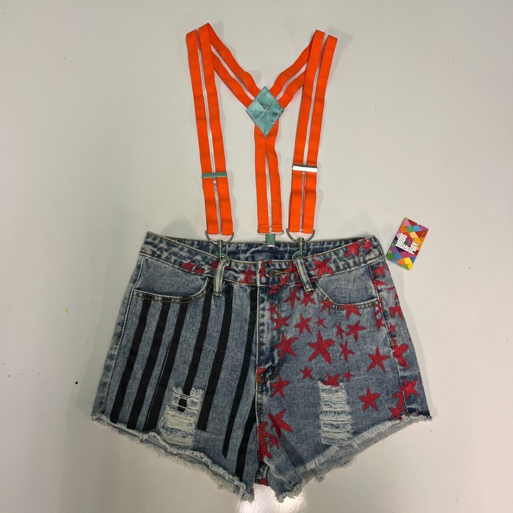 NWT spirit halloween Harley Quinn Birds of Prey Shorts XS Suspenders Printed